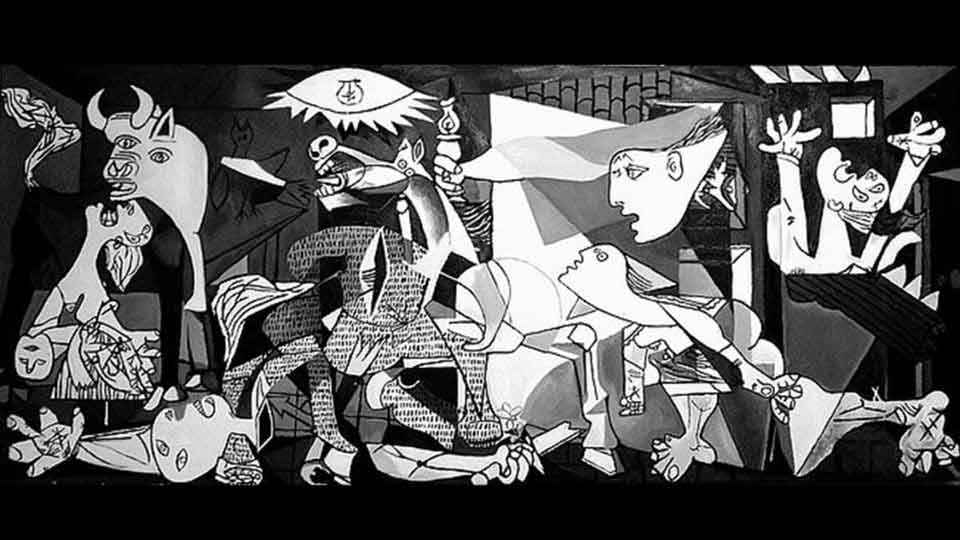 گرونیکا، اثر پیکاسو تابلوی الهام گرفته از بمباران دهکده ی گرونیکا در اسپانیا توسط بمب افکن های آلمان نازی